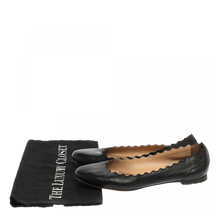 Pre Owned Chloé Black Leather Lauren Scalloped Ballet Flats Size 36