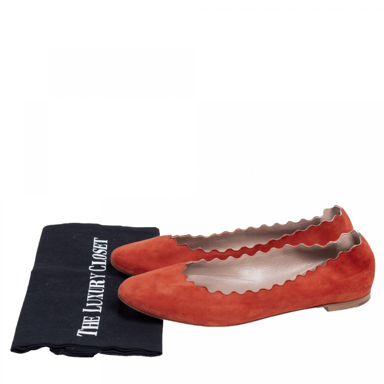 Pre Owned Chloé  Dark Orange Suede Lauren Scalloped Ballet Flats Size 39.5