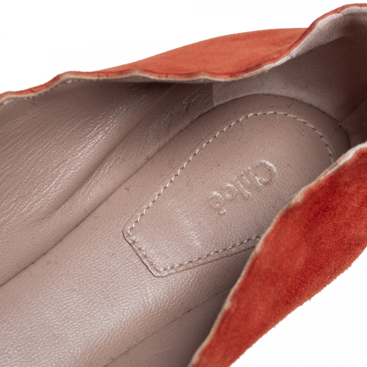 Pre Owned Chloé  Dark Orange Suede Lauren Scalloped Ballet Flats Size 39.5