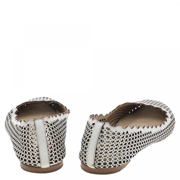 Pre Owned Chloe White Laser Cut Leather Ballet Flats Size 40