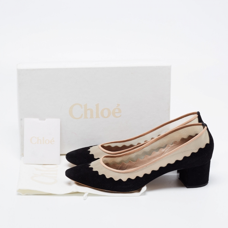 Pre Owned Chloe Black/Beige Suede and Mesh Scallop Pumps Size 39