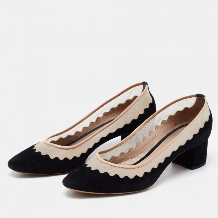 Pre Owned Chloe Black/Beige Suede and Mesh Scallop Pumps Size 39