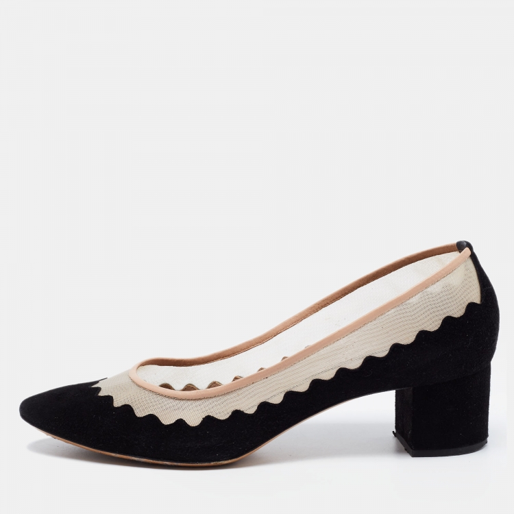 Pre Owned Chloe Black/Beige Suede and Mesh Scallop Pumps Size 39