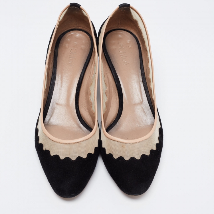 Pre Owned Chloe Black/Beige Suede and Mesh Scallop Pumps Size 39