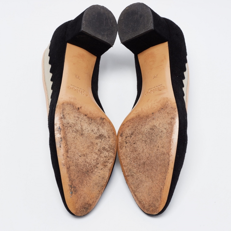 Pre Owned Chloe Black/Beige Suede and Mesh Scallop Pumps Size 39