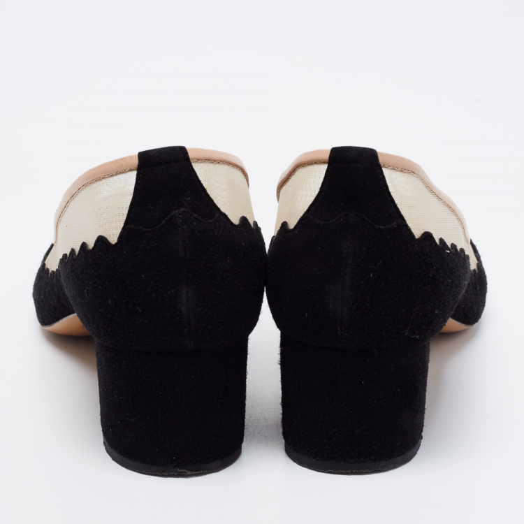 Pre Owned Chloe Black/Beige Suede and Mesh Scallop Pumps Size 39