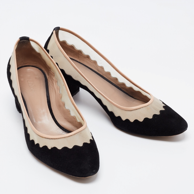 Pre Owned Chloe Black/Beige Suede and Mesh Scallop Pumps Size 39