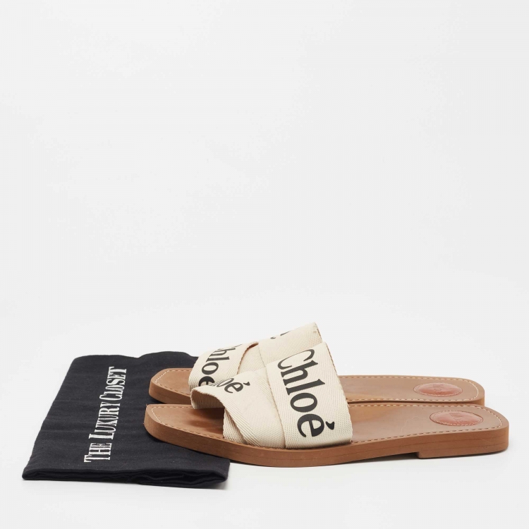 Pre Owned Chloe White Logo Print Canvas Woody Flat Slides Size 42