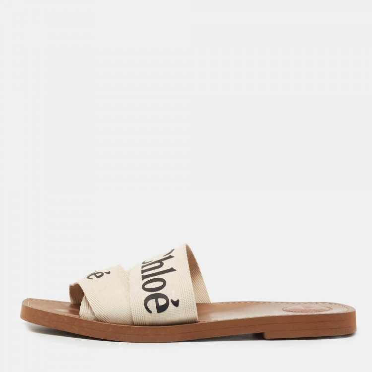 Pre Owned Chloe White Logo Print Canvas Woody Flat Slides Size 42