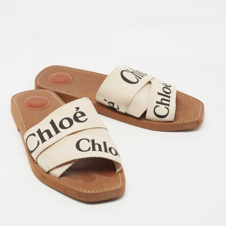 Pre Owned Chloe White Logo Print Canvas Woody Flat Slides Size 42