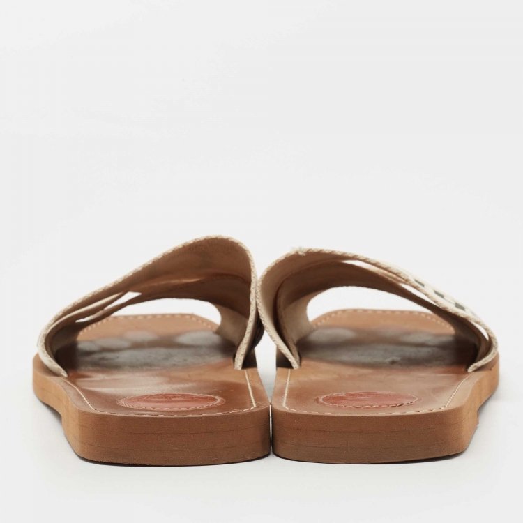 Pre Owned Chloe White Logo Print Canvas Woody Flat Slides Size 42