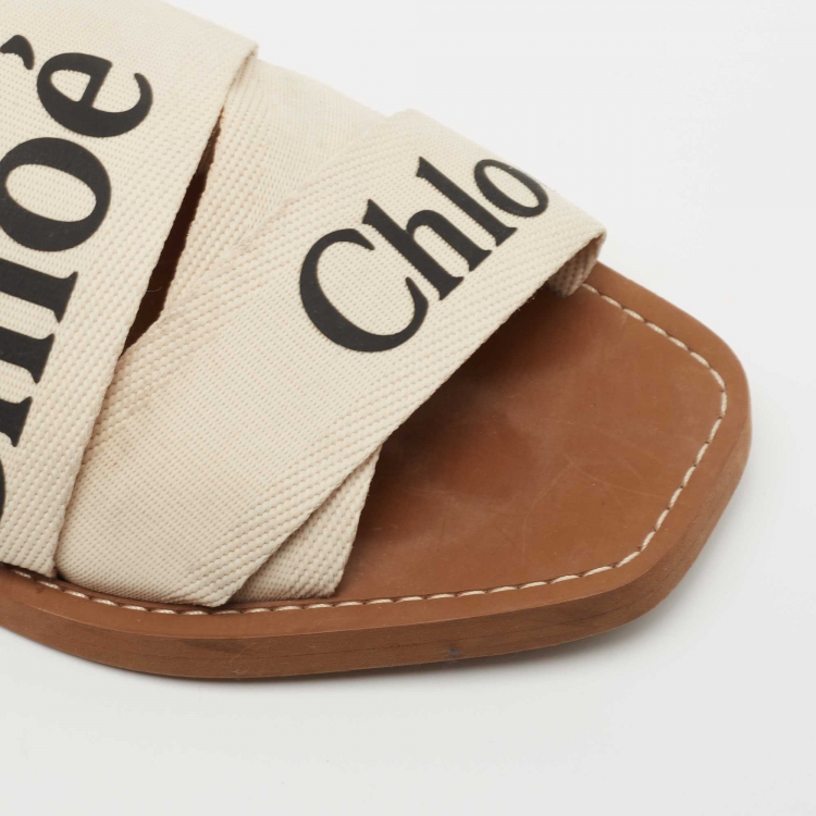 Pre Owned Chloe White Logo Print Canvas Woody Flat Slides Size 42