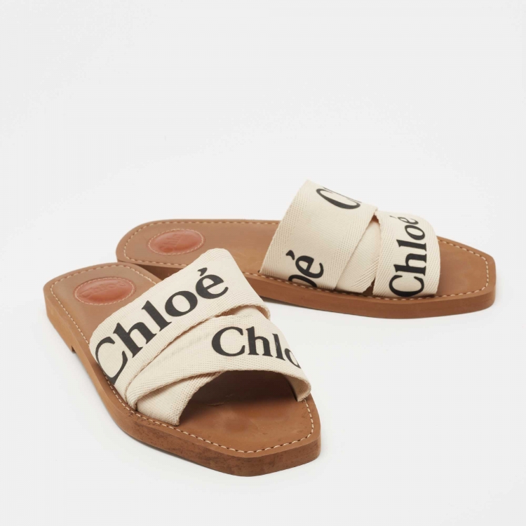 Pre Owned Chloe Off White Logo Print Canvas Woody Flat Slides Size 39