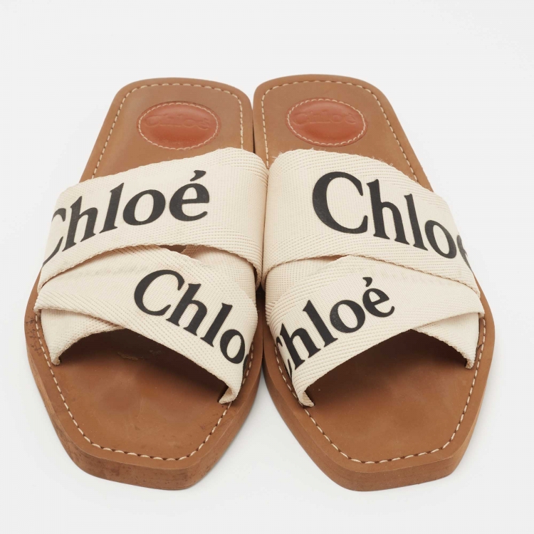 Pre Owned Chloe Off White Logo Print Canvas Woody Flat Slides Size 39