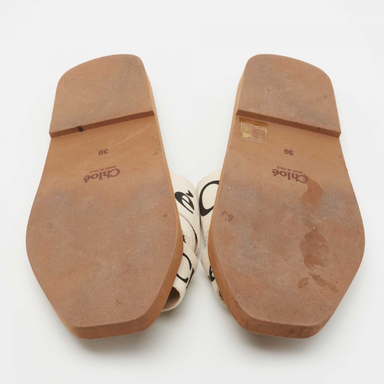 Pre Owned Chloe Off White Logo Print Canvas Woody Flat Slides Size 39