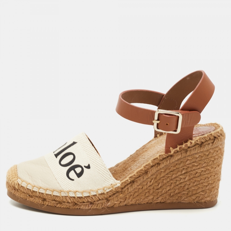 Pre Owned Chloe Brown/Cream Leather Wedge Sandals Size 38 