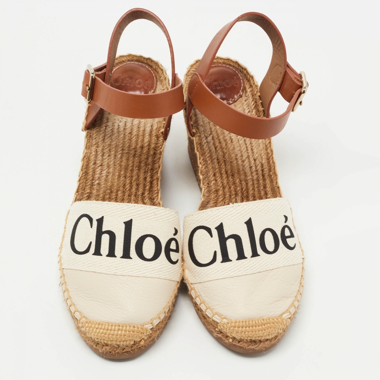 Pre Owned Chloe Brown/Cream Leather Wedge Sandals Size 38 