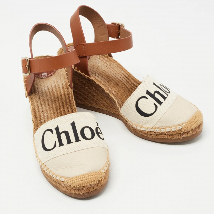 Pre Owned Chloe Brown/Cream Leather Wedge Sandals Size 38 