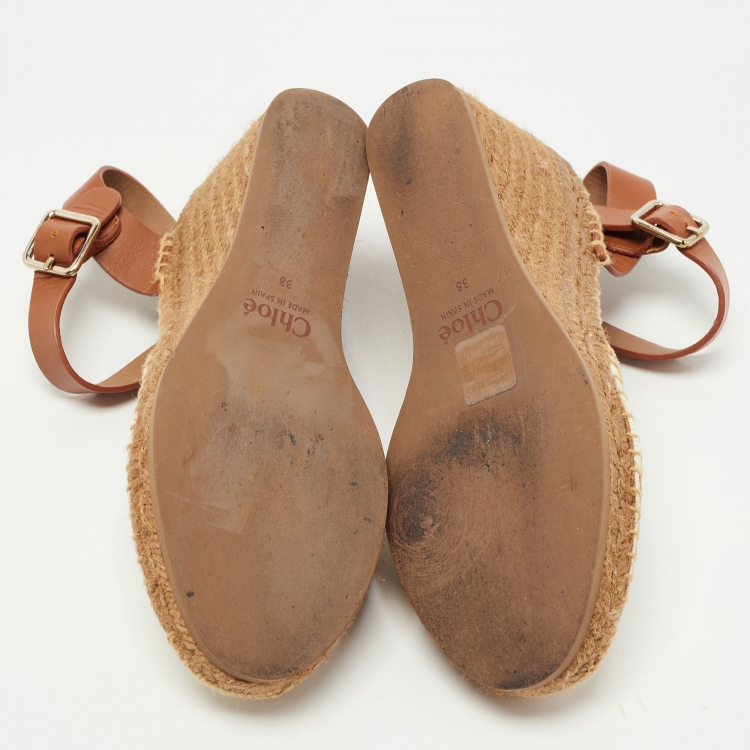 Pre Owned Chloe Brown/Cream Leather Wedge Sandals Size 38 
