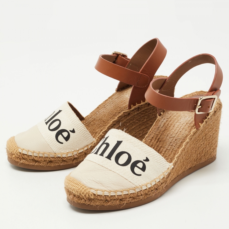 Pre Owned Chloe Brown/Cream Leather Wedge Sandals Size 38 