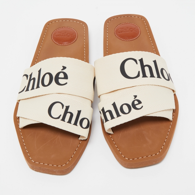 Pre Owned Chloé Off-White Logo Canvas Woody Flat Slides Size 40