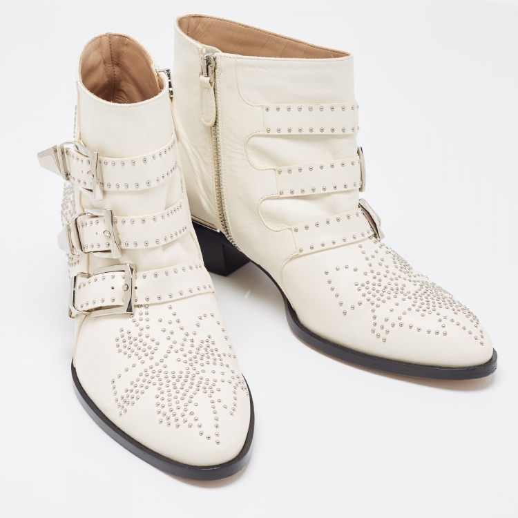 Pre Owned Chloe White Studded Leather Susanna Ankle Boots Size 38.5