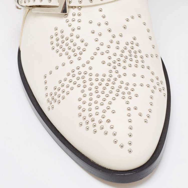 Pre Owned Chloe White Studded Leather Susanna Ankle Boots Size 38.5