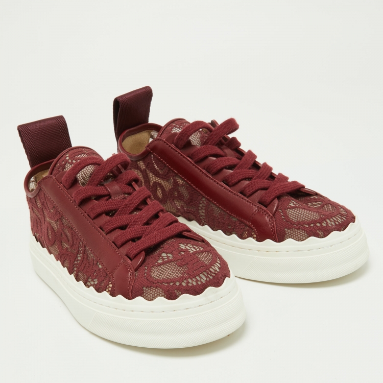 Pre Owned Chloe Red Lace,Mesh and Leather Lauren Lace Up Sneakers Size 37