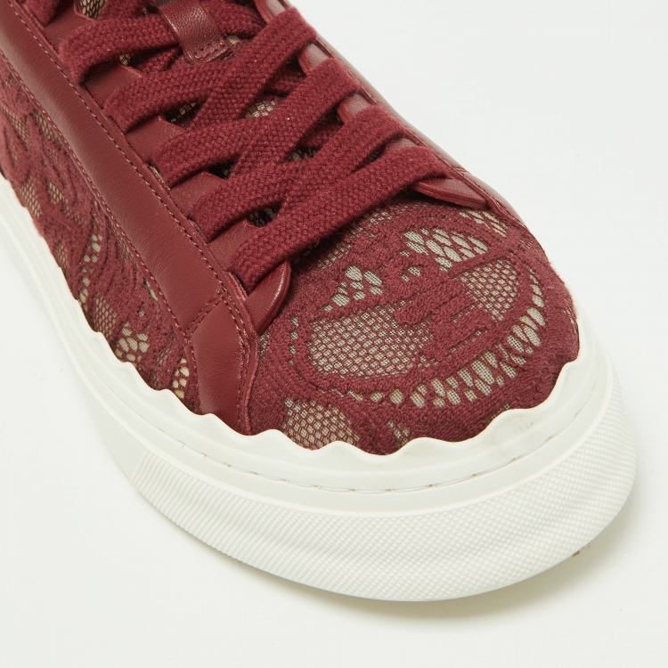 Pre Owned Chloe Red Lace,Mesh and Leather Lauren Lace Up Sneakers Size 37