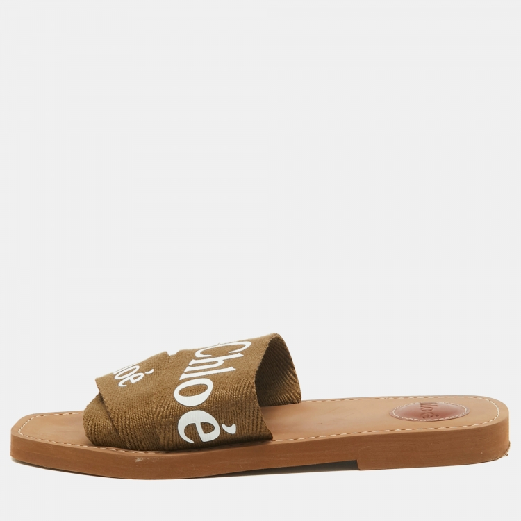 Pre Owned Chloe Green Canvas Woody Flat Slides Size 39