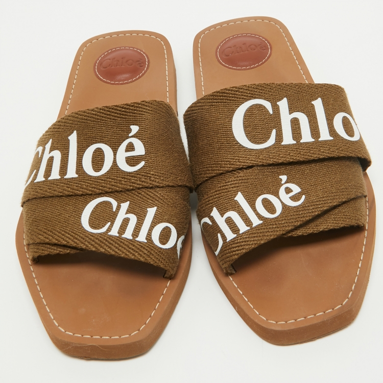 Pre Owned Chloe Green Canvas Woody Flat Slides Size 39
