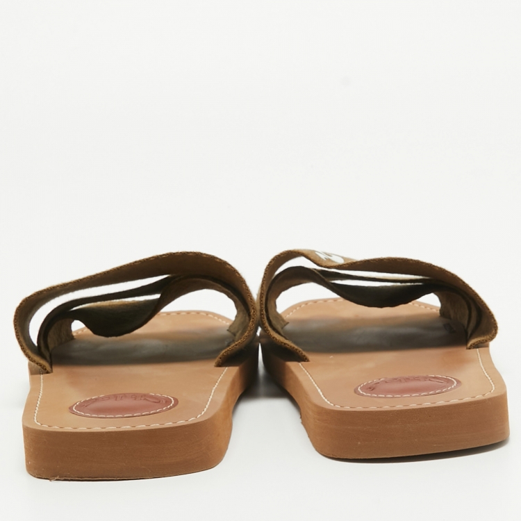 Pre Owned Chloe Green Canvas Woody Flat Slides Size 39