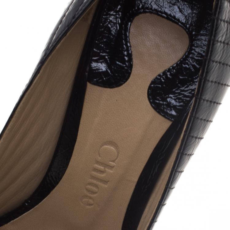 Pre Owned Chloe Black Patent Leather Line Stitch Detail Peep Toe Pumps Size 36.5