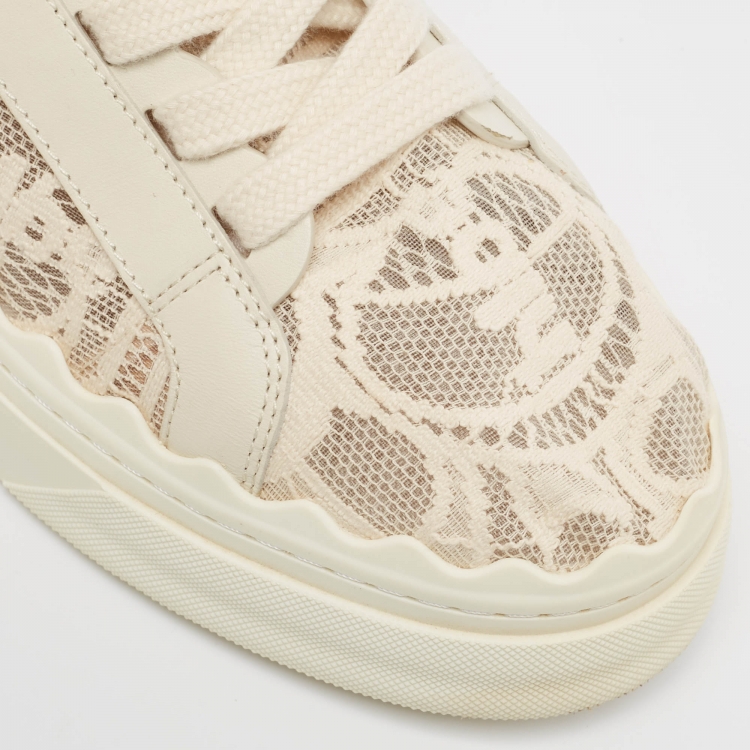 Pre Owned Chloe Light Beige Lace and Leather Lauren Sneakers Size 39