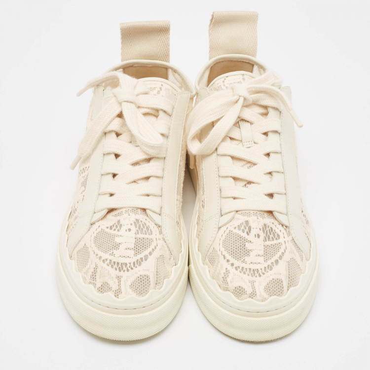 Pre Owned Chloe Light Beige Lace and Leather Lauren Sneakers Size 39