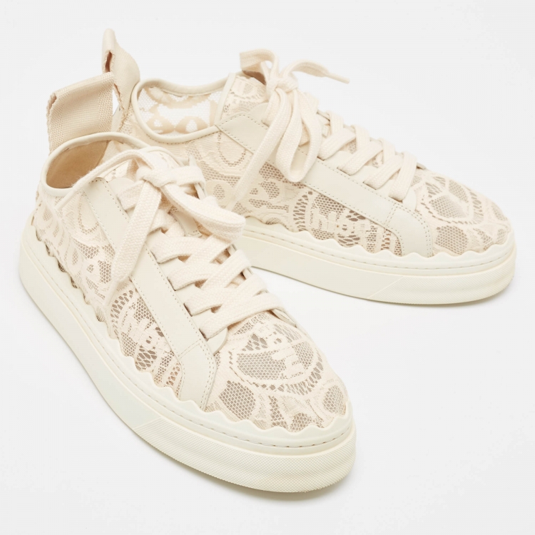 Pre Owned Chloe Light Beige Lace and Leather Lauren Sneakers Size 39