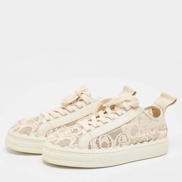 Pre Owned Chloe Light Beige Lace and Leather Lauren Sneakers Size 39