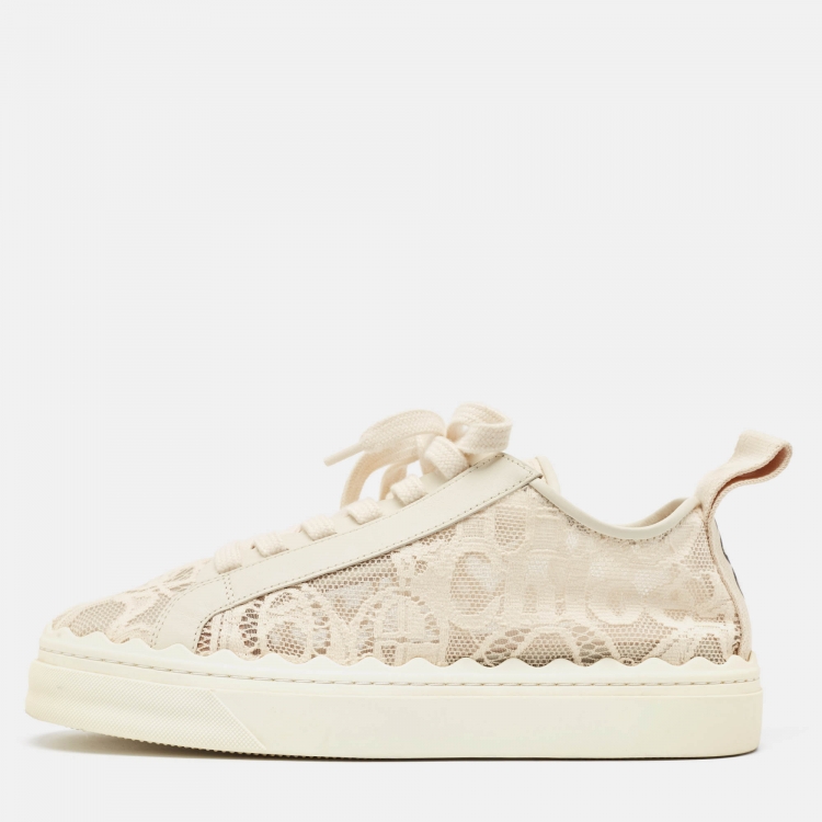 Pre Owned Chloe Light Beige Lace and Leather Lauren Sneakers Size 39