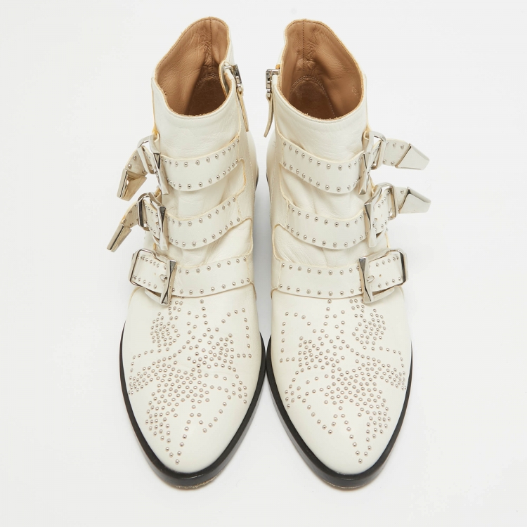 Pre Owned Chloe Off White Studded Leather Susanna Boots Size 37