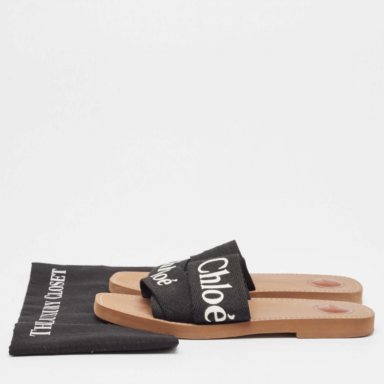 Pre Owned Chloe Black Logo Print Canvas Woody Flat Slides Size 41