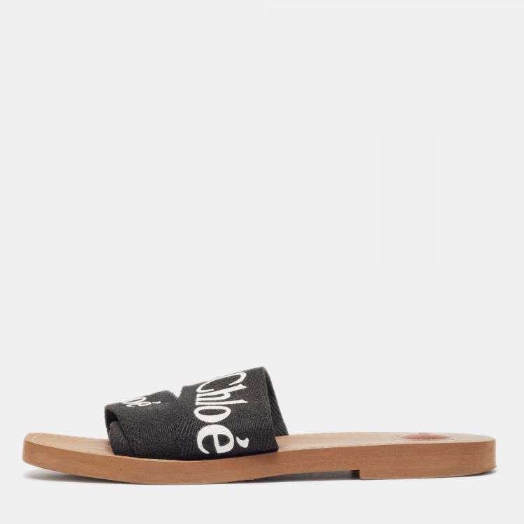 Pre Owned Chloe Black Logo Print Canvas Woody Flat Slides Size 41