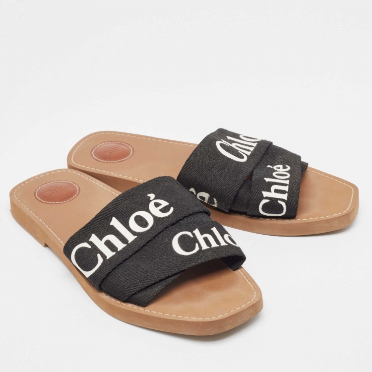 Pre Owned Chloe Black Logo Print Canvas Woody Flat Slides Size 41
