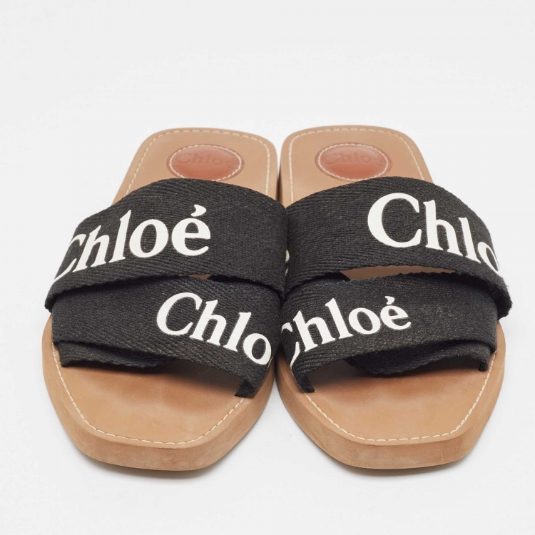 Pre Owned Chloe Black Logo Print Canvas Woody Flat Slides Size 41