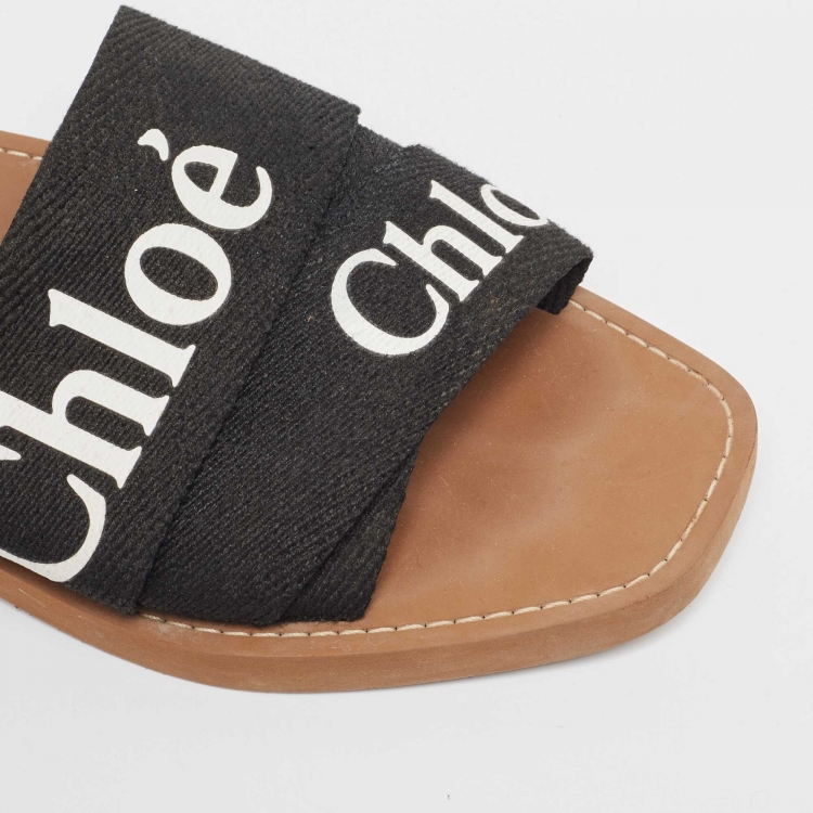 Pre Owned Chloe Black Logo Print Canvas Woody Flat Slides Size 41