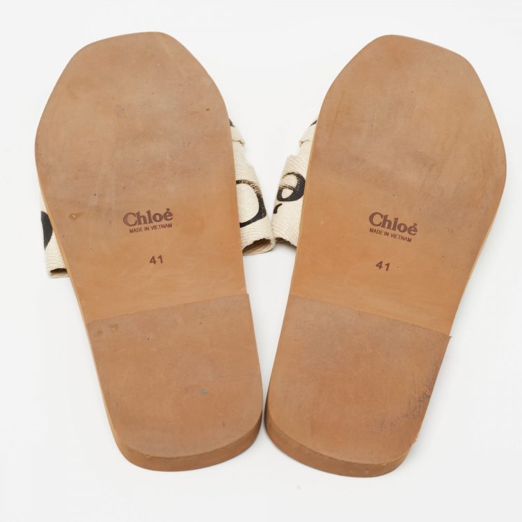 Pre Owned Chloe Cream Logo Print Canvas Woody Flat Slides Size 41