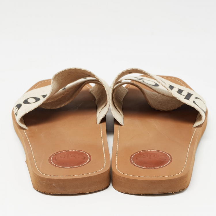 Pre Owned Chloe Cream Logo Print Canvas Woody Flat Slides Size 41