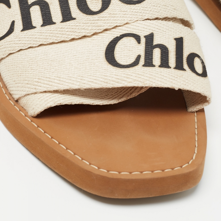 Pre Owned Chloe Cream Logo Print Canvas Woody Flat Slides Size 41
