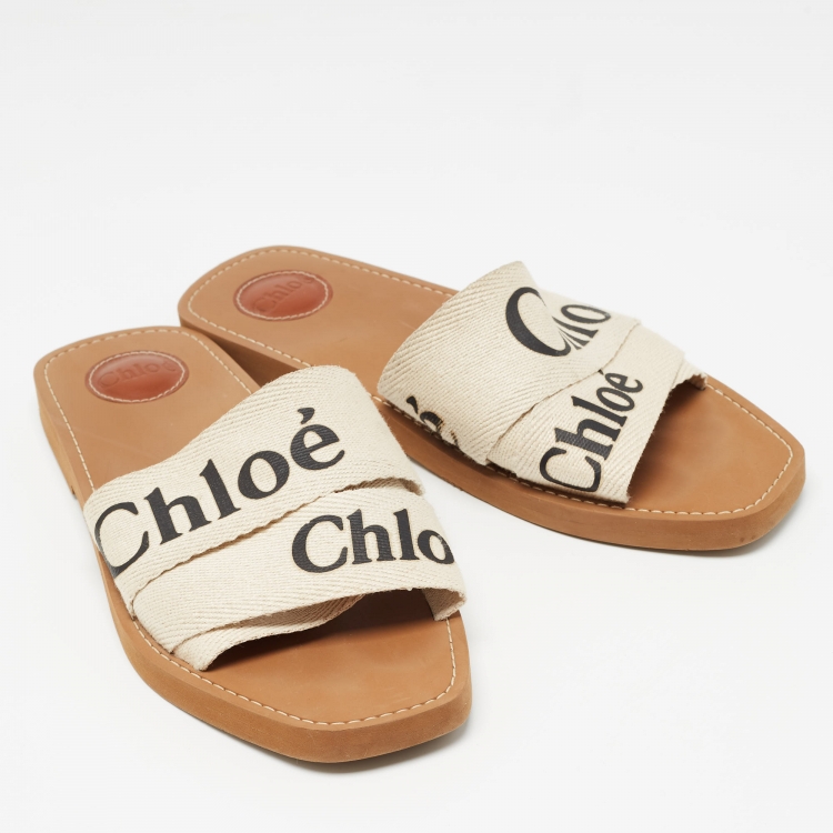 Pre Owned Chloe Cream Logo Print Canvas Woody Flat Slides Size 41