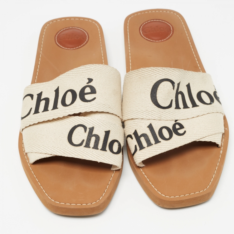 Pre Owned Chloe Cream Logo Print Canvas Woody Flat Slides Size 41