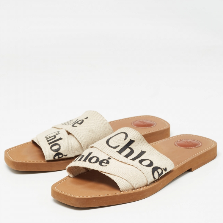 Pre Owned Chloe Cream Logo Print Canvas Woody Flat Slides Size 41